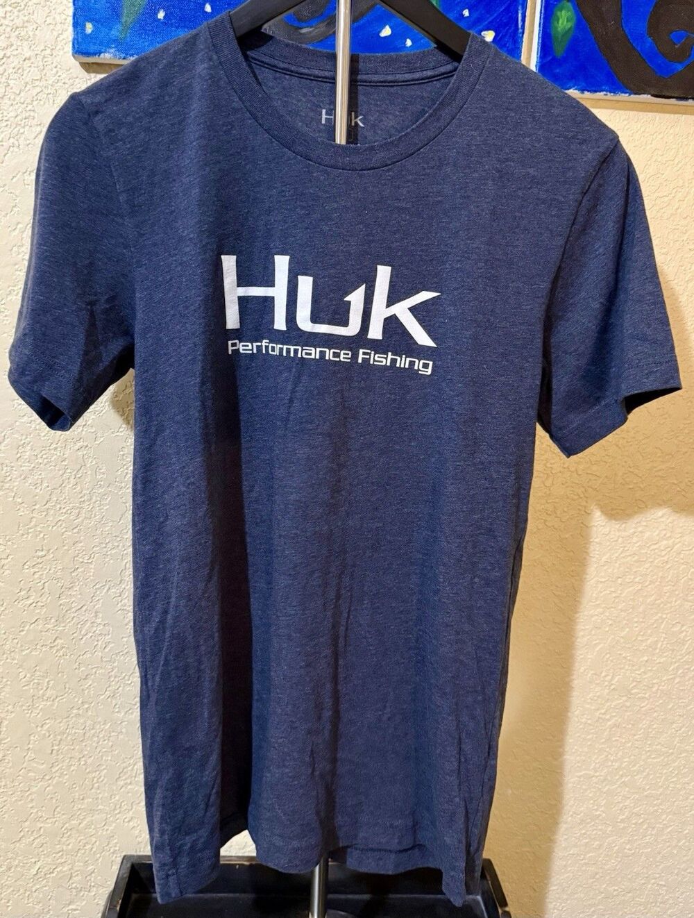 Huk Men's Size Small Performance Fishing Logo Tee, Short Sleeve Navy Blue